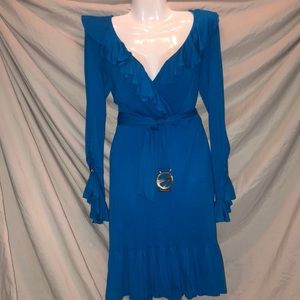NWT- Cache long sleeved belted turquoise dress with gold accents- size 4